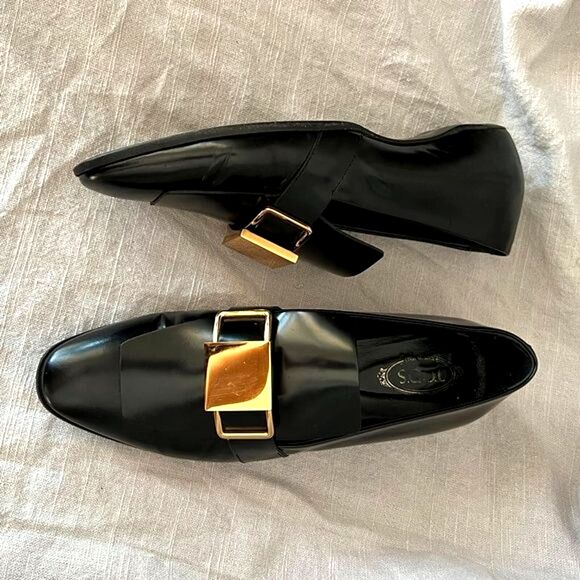 Tod's black patent leather shiny‎ gold metal buckle strap wedge Loafers size 39 - Picture 1 of 12